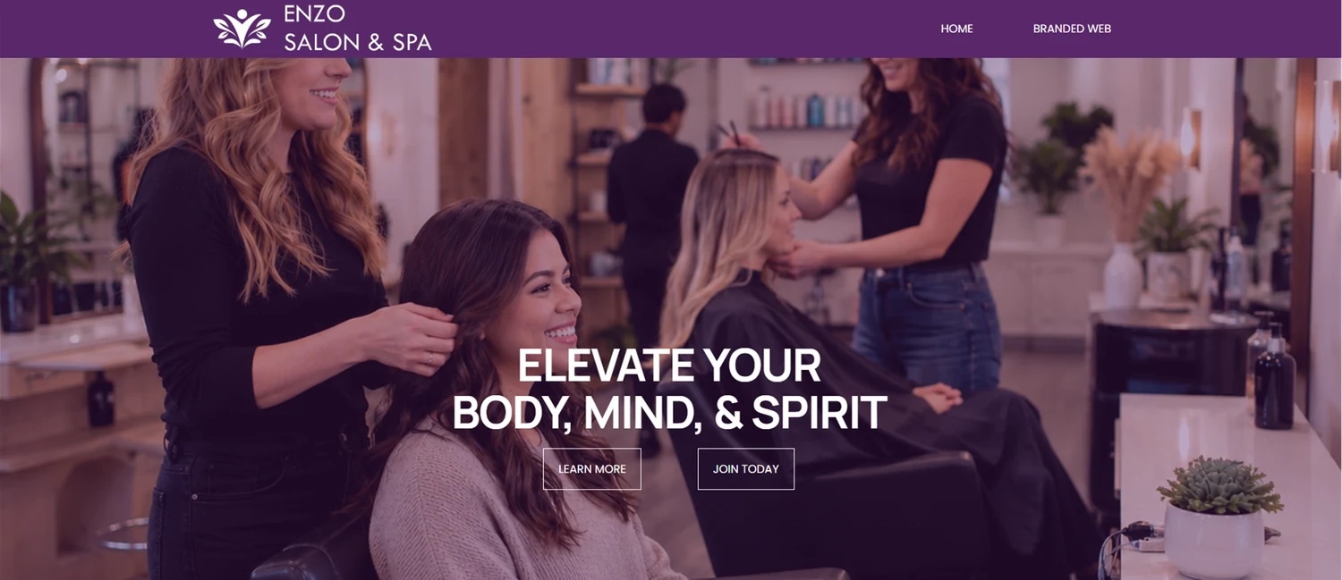 Enzo Salon & Spa home page preview: stylists working with clients in a salon under the headline Elevate your body, mind, and spirit