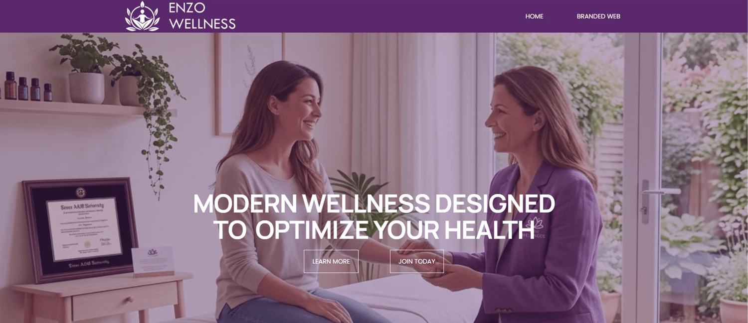 Enzo Wellness home page preview: a practitioner meeting a client with the headline Modern wellness designed to optimize your health