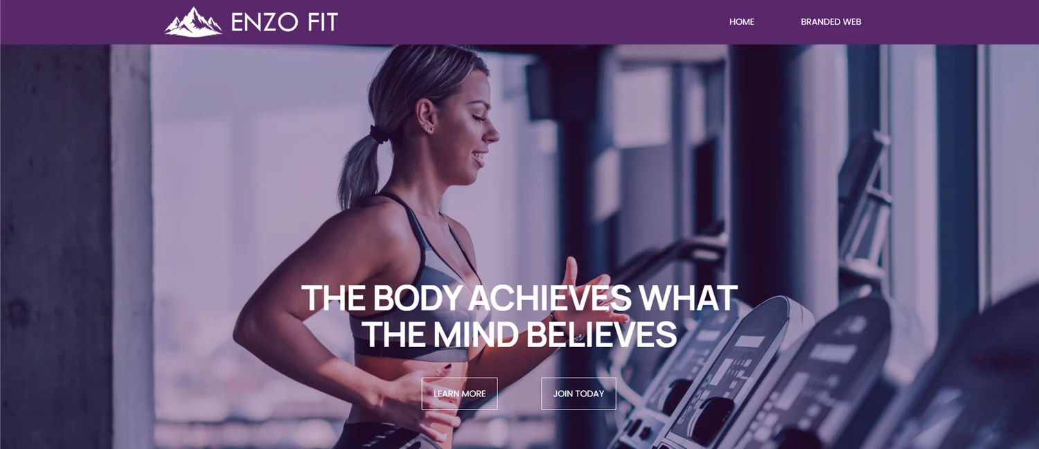 Enzo Fit home page preview: a runner on a treadmill with the headline The body achieves what the mind believes